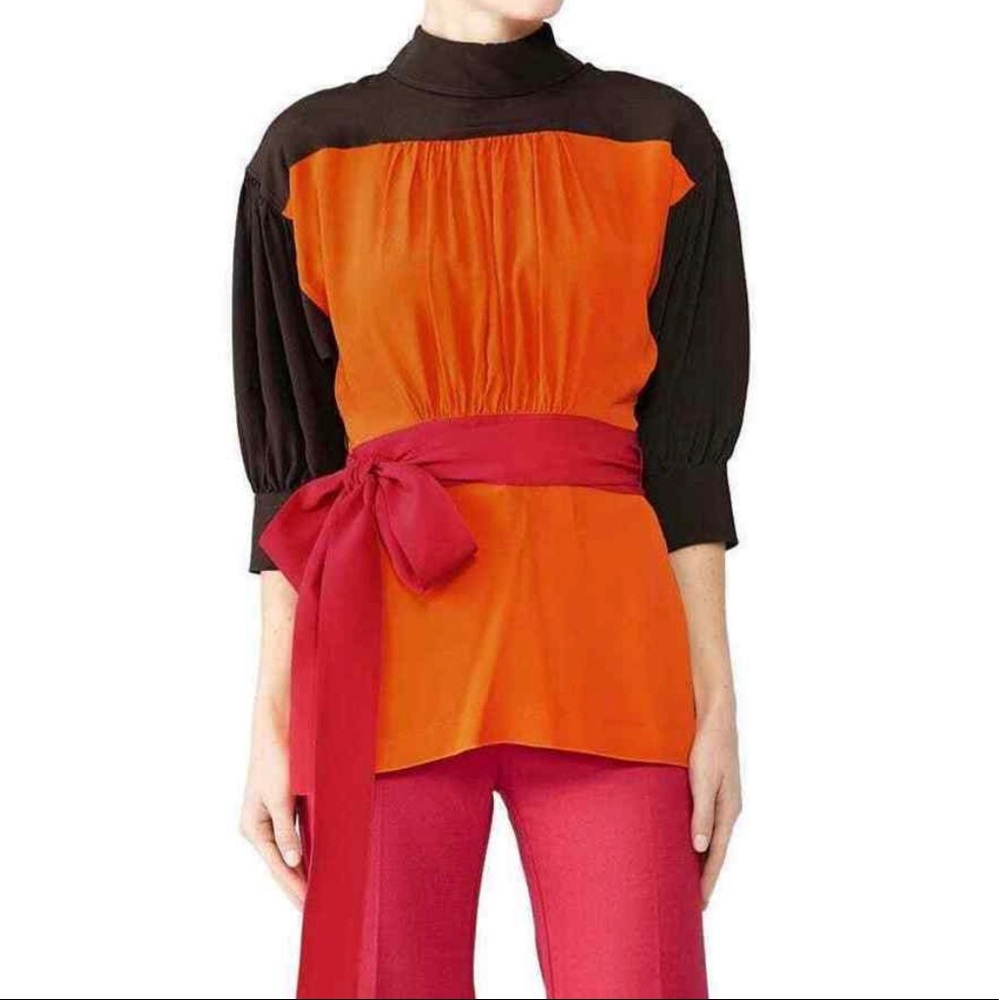Marni Orange Colorblock High Neck S Womens 3/4 Sleeve Blouse - Picture 3 of 5